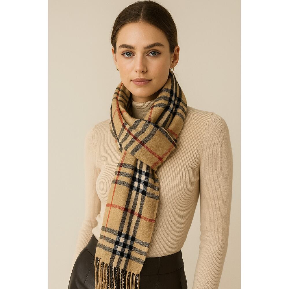 Check Archive Beige Black Rectangular Fringe Long Plaid Scarf 24Wx60L Preppy